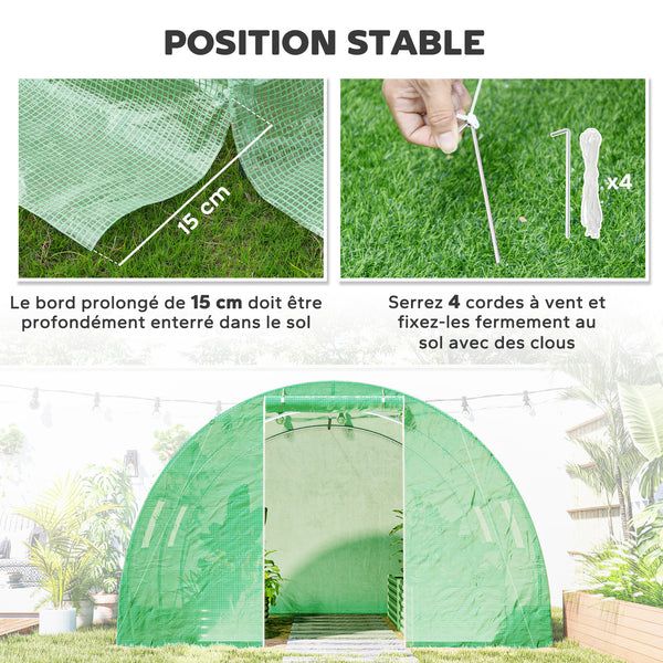 Serre de Jardin Tunnel 9 m² dim. 3L x 3l x 2H m - 4 fenêtres, Porte zippée Enroulable - châssis Tubulaire Acier galvanisé, bâche PE Haute densité Vert