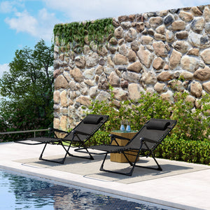 Lot de 2 bain de soleil, chaise longue pliante avec appuie-tête en textilène, transat jardin extérieur inclinable de plage camping piscine terrasse, 90 x 65 x 112 cm, noir
