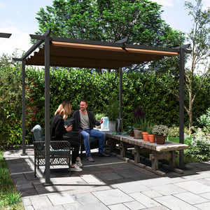 Pergola jardin exterieur 3 x 3 m pergola coulissante rétractable, tonnelle de jardin en toile polyester haute densité 180g/m², abri soleil UPF30+, pour terrasse, patio, arrière-cours, marron