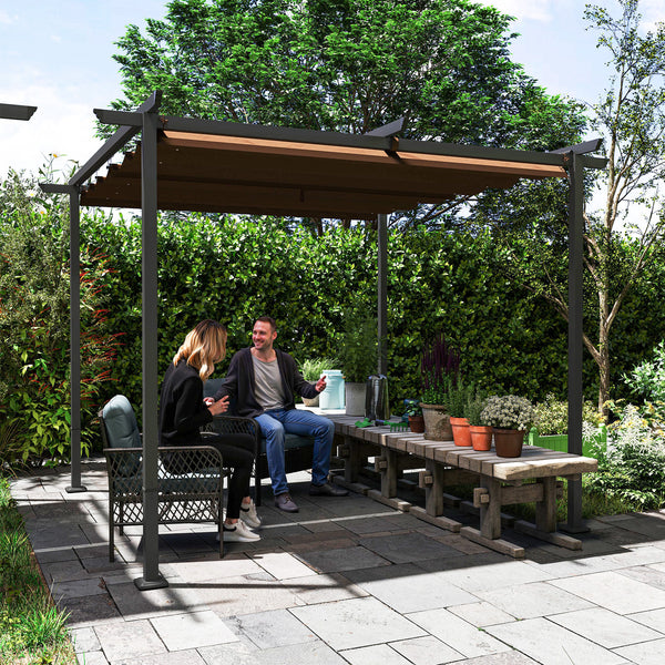 Pergola jardin exterieur 3 x 3 m pergola coulissante rétractable, tonnelle de jardin en toile polyester haute densité 180g/m², abri soleil UPF30+, pour terrasse, patio, arrière-cours, marron