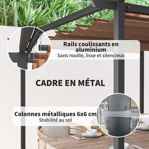 Pergola jardin exterieur 3 x 3 m pergola coulissante rétractable, tonnelle de jardin en toile polyester haute densité 180g/m², abri soleil UPF30+, pour terrasse, patio, arrière-cours, marron