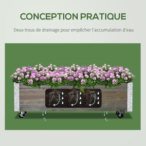 Jardinière sur roulettes - jardinière rectangulaire - Inserts d'irrigation, Feutre de Drainage Inclus - métal Bois massif, gris