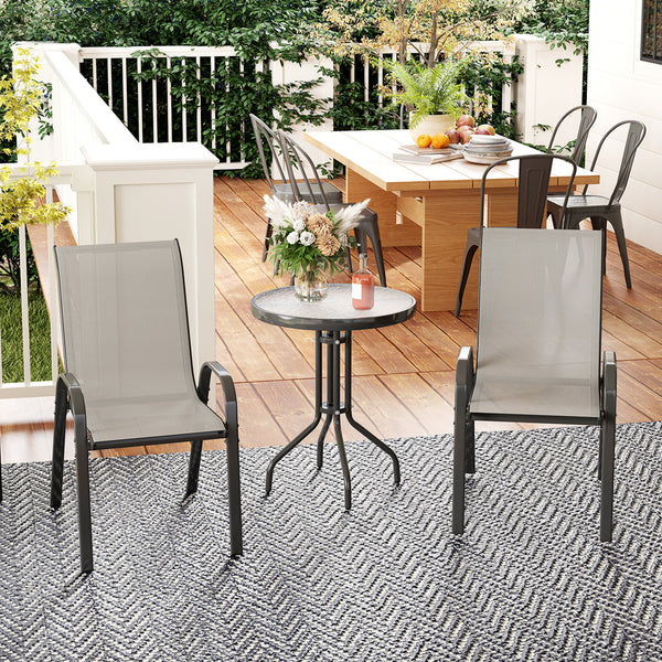 3 pièces salon de jardin extérieur, ensemble de meubles 2 fauteuils empilables, table basse avec dessus en verre trempé, tissu en textilène, pour patio, terrasse, balcon, gris clair