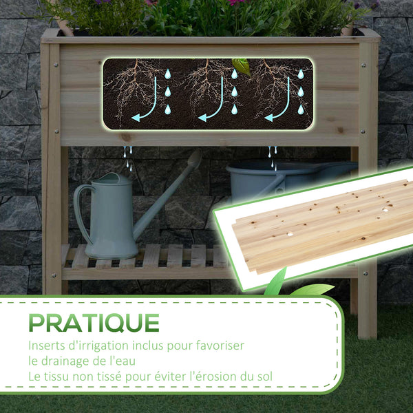 Jardinière sur Pieds Potager avec étagère à Lattes 90 x 40 x 81 cm Inserts d'irrigation, géotextile Inclus en bois massif