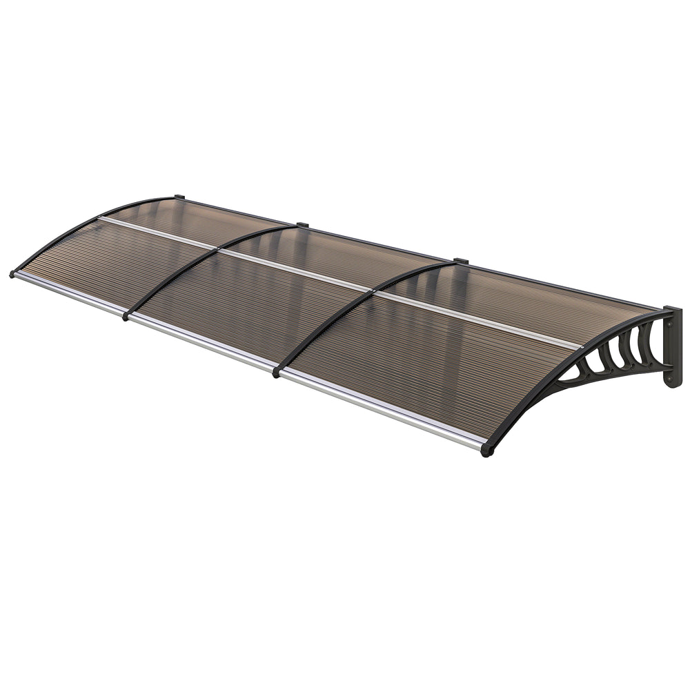 Auvent de porte d'entrée, toit marquise de porte exterieur en polycarbonate et profil aluminium résistante toit abri protection contre la pluie et UV pour terrasse, balcon, 303x96cm, marron
