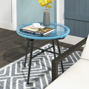 Table basse ronde de jardin en résine aspect rotin métal et plateau verre trempé Ø 50 x 50 cm bleu