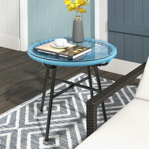 Table basse ronde de jardin en résine aspect rotin métal et plateau verre trempé Ø 50 x 50 cm bleu