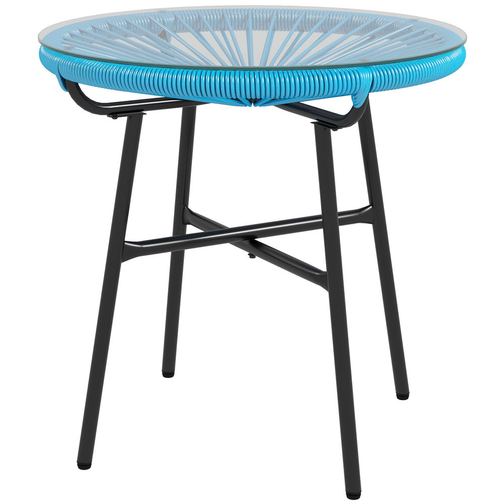 Table basse ronde de jardin en résine aspect rotin métal et plateau verre trempé Ø 50 x 50 cm bleu