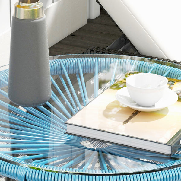 Table basse ronde de jardin en résine aspect rotin métal et plateau verre trempé Ø 50 x 50 cm bleu