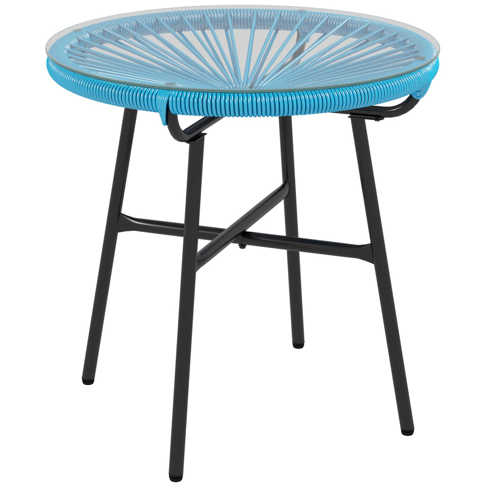 Table basse ronde de jardin en résine aspect rotin métal et plateau verre trempé Ø 50 x 50 cm bleu