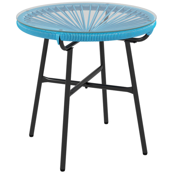 Table basse ronde de jardin en résine aspect rotin métal et plateau verre trempé Ø 50 x 50 cm bleu