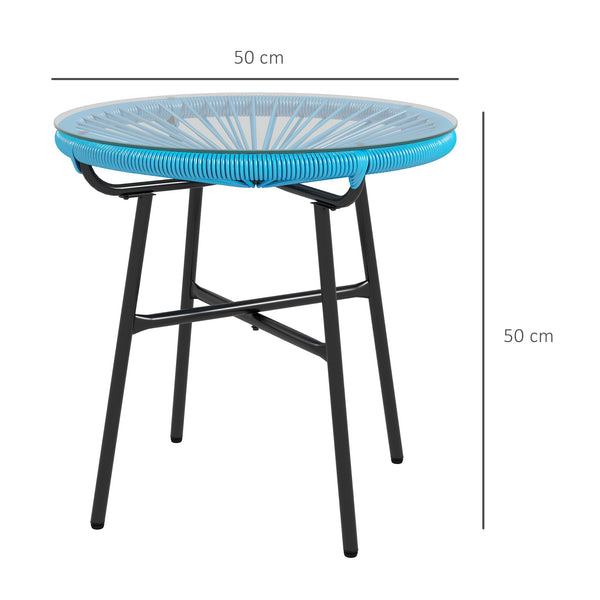 Table basse ronde de jardin en résine aspect rotin métal et plateau verre trempé Ø 50 x 50 cm bleu