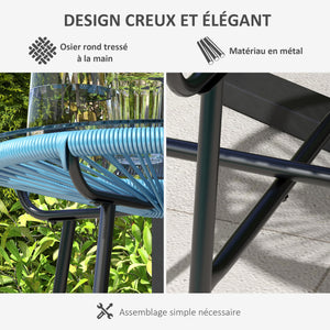 Table basse ronde de jardin en résine aspect rotin métal et plateau verre trempé Ø 50 x 50 cm bleu