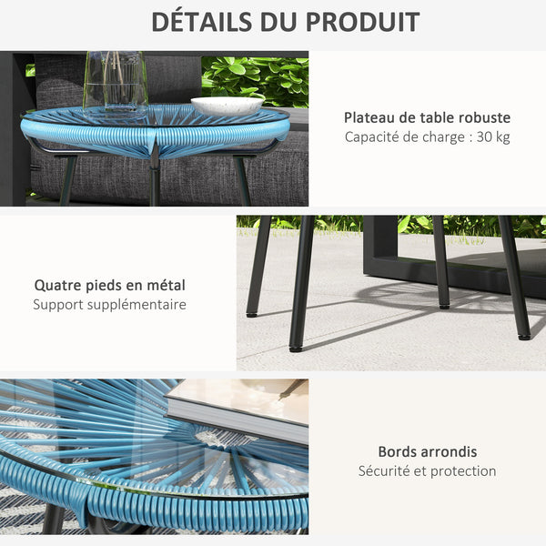 Table basse ronde de jardin en résine aspect rotin métal et plateau verre trempé Ø 50 x 50 cm bleu