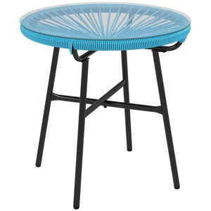 Table basse ronde de jardin en résine aspect rotin métal et plateau verre trempé Ø 50 x 50 cm bleu