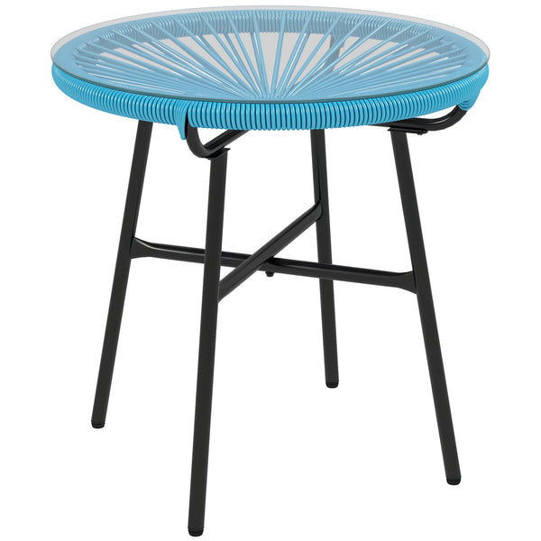 Table basse ronde de jardin en résine aspect rotin métal et plateau verre trempé Ø 50 x 50 cm bleu