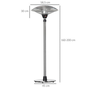 Parasol chauffant électrique 3000W chauffage d'appoint sans CO₂ 13 m² et IP44 - chauffage infrarouge sur pied 3 puissances de chauffe - hauteur réglable de 160 à 200 cm acier inox. argent