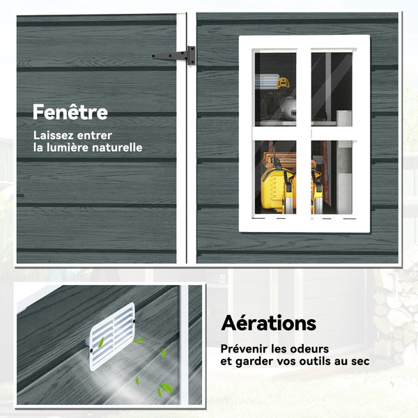 Abri de jardin  6 x 6 pieds avec plancher, effet bois, porte verrouillable et fenêtres pour jardin, patio, garage, pelouse, gris vieilli