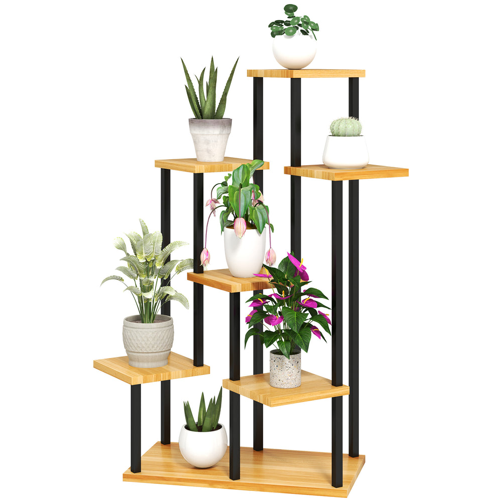 Support à plantes à 7 niveaux pour intérieur et extérieur, étagère plante en acier et bois, porte plantes pour jardin, terrasse, balcon, salon, bois naturel