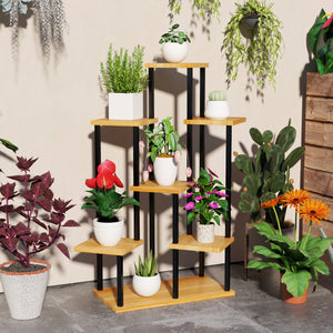 Support à plantes à 7 niveaux pour intérieur et extérieur, étagère plante en acier et bois, porte plantes pour jardin, terrasse, balcon, salon, bois naturel