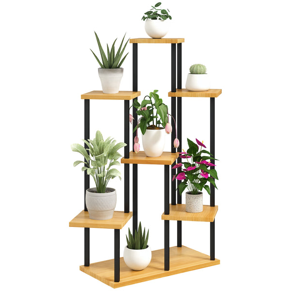 Support à plantes à 7 niveaux pour intérieur et extérieur, étagère plante en acier et bois, porte plantes pour jardin, terrasse, balcon, salon, bois naturel
