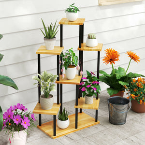 Support à plantes à 7 niveaux pour intérieur et extérieur, étagère plante en acier et bois, porte plantes pour jardin, terrasse, balcon, salon, bois naturel