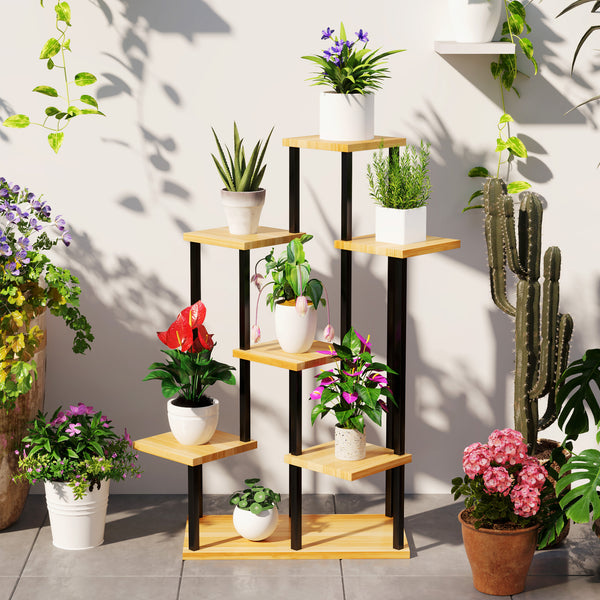Support à plantes à 7 niveaux pour intérieur et extérieur, étagère plante en acier et bois, porte plantes pour jardin, terrasse, balcon, salon, bois naturel