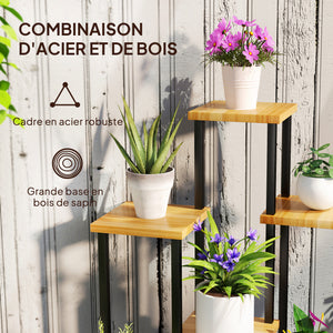 Support à plantes à 7 niveaux pour intérieur et extérieur, étagère plante en acier et bois, porte plantes pour jardin, terrasse, balcon, salon, bois naturel