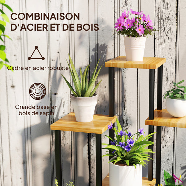 Support à plantes à 7 niveaux pour intérieur et extérieur, étagère plante en acier et bois, porte plantes pour jardin, terrasse, balcon, salon, bois naturel
