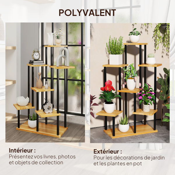 Support à plantes à 7 niveaux pour intérieur et extérieur, étagère plante en acier et bois, porte plantes pour jardin, terrasse, balcon, salon, bois naturel