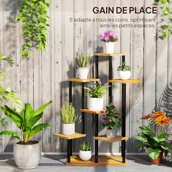 Support à plantes à 7 niveaux pour intérieur et extérieur, étagère plante en acier et bois, porte plantes pour jardin, terrasse, balcon, salon, bois naturel