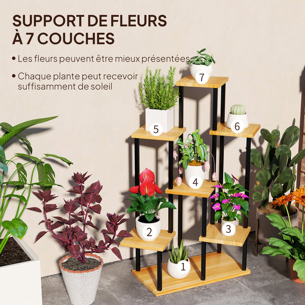 Support à plantes à 7 niveaux pour intérieur et extérieur, étagère plante en acier et bois, porte plantes pour jardin, terrasse, balcon, salon, bois naturel