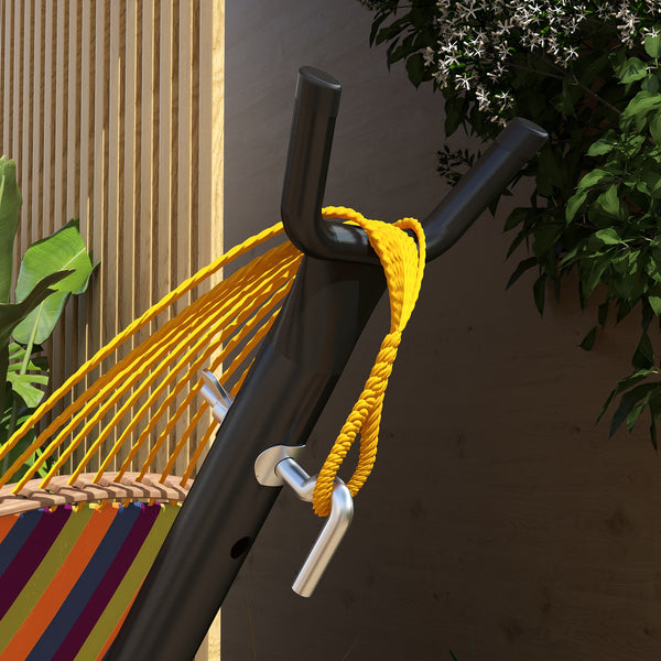 Support Pied de hamac avec porte-gobelet, Structure Robuste métal époxy Noir dim. 305L x 129l x 109H cm, 150kg sans hamac