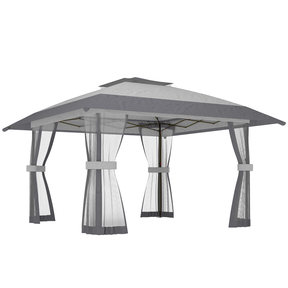 Tonnelle de jardin 4 x 4 m pop up tente pliante réglable en hauteur protection UV30+ tonnelle pliante avec double toit 4 parois en maille 4 sacs de sable sac de transport montage facile gris