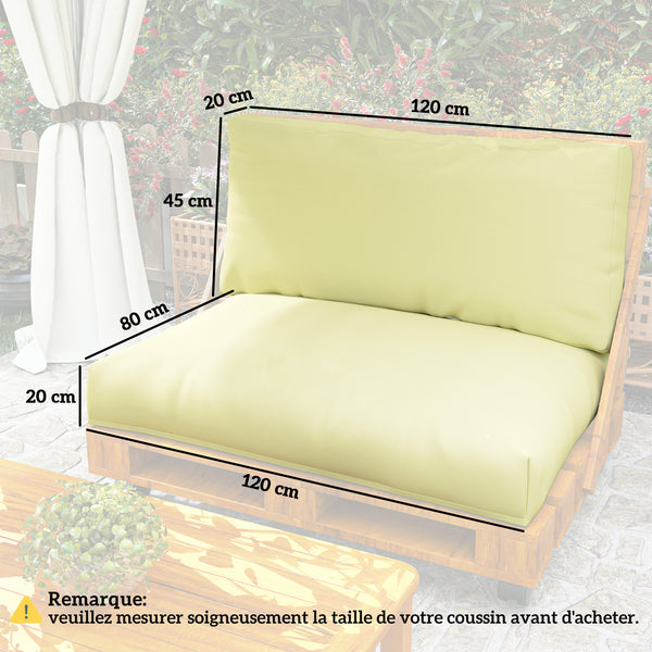 Coussins de palette extérieur 2 places, coussins de siège pour euro palette lavable, 2 pièces 120 x 80 cm et 120 x 45 cm, UPF20+, épais de 20 cm, beige