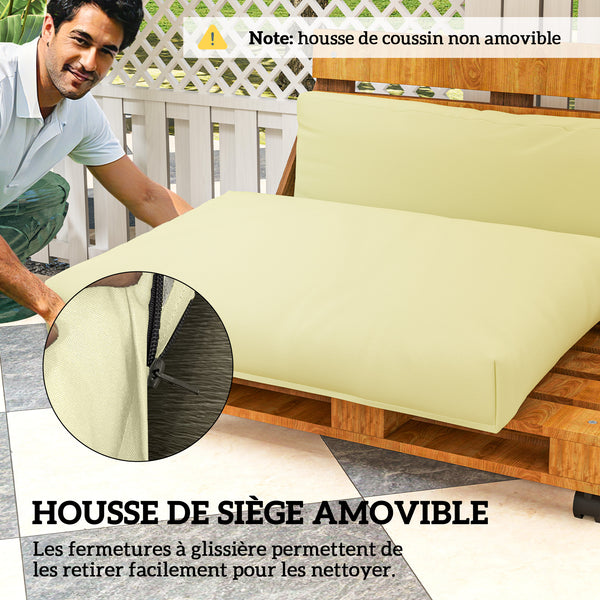 Coussins de palette extérieur 2 places, coussins de siège pour euro palette lavable, 2 pièces 120 x 80 cm et 120 x 45 cm, UPF20+, épais de 20 cm, beige