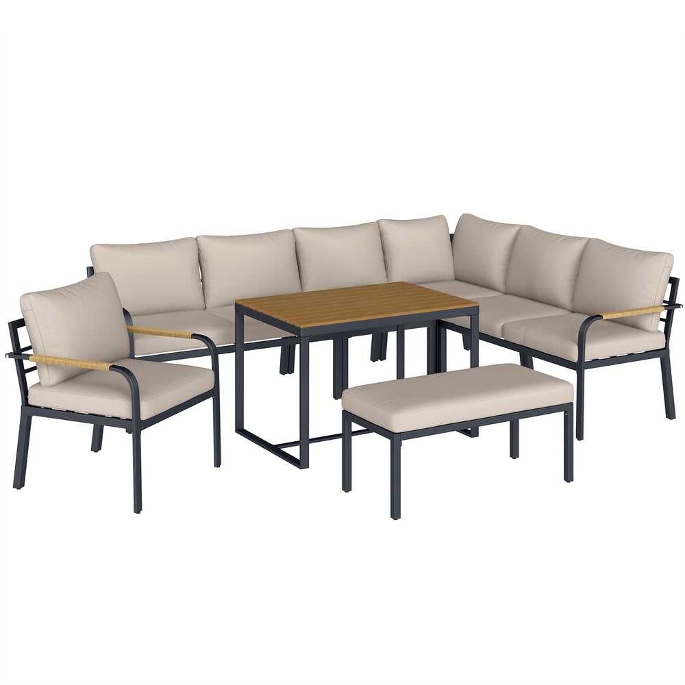 Salon de Jardin 7 Pièces - Ensemble Canapé d'Angle Extérieur Modulable avec Table en WPC et Pouf - Mobilier de Terrasse avec Coussins Épais et Accoudoirs en Résine Tressée, Beige et Gris