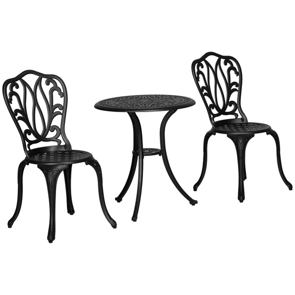 Salon de jardin exterieur, ensemble table ronde et chaises structure en aluminium, table de bistrot avec trou pour parasol mobilier de jardin cours terrasses balcons bords de piscine, noir
