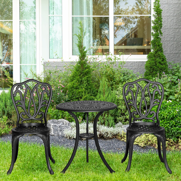 Salon de jardin exterieur, ensemble table ronde et chaises structure en aluminium, table de bistrot avec trou pour parasol mobilier de jardin cours terrasses balcons bords de piscine, noir