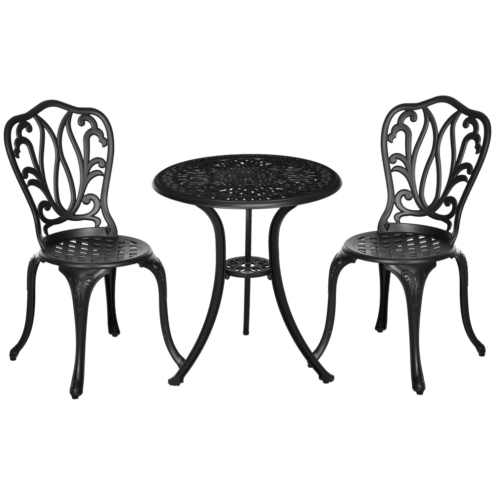 Salon de jardin exterieur, ensemble table ronde et chaises structure en aluminium, table de bistrot avec trou pour parasol mobilier de jardin cours terrasses balcons bords de piscine, noir