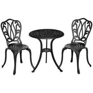 Salon de jardin exterieur, ensemble table ronde et chaises structure en aluminium, table de bistrot avec trou pour parasol mobilier de jardin cours terrasses balcons bords de piscine, noir