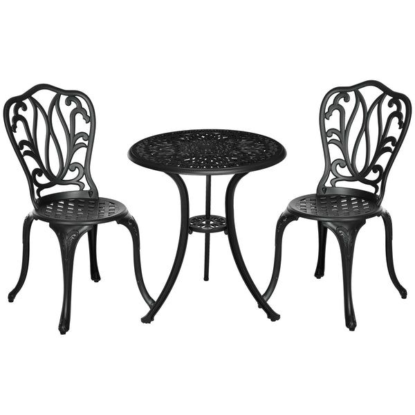 Salon de jardin exterieur, ensemble table ronde et chaises structure en aluminium, table de bistrot avec trou pour parasol mobilier de jardin cours terrasses balcons bords de piscine, noir