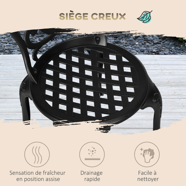 Salon de jardin exterieur, ensemble table ronde et chaises structure en aluminium, table de bistrot avec trou pour parasol mobilier de jardin cours terrasses balcons bords de piscine, noir