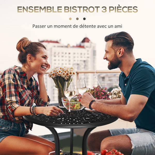 Salon de jardin exterieur, ensemble table ronde et chaises structure en aluminium, table de bistrot avec trou pour parasol mobilier de jardin cours terrasses balcons bords de piscine, noir