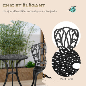 Salon de jardin exterieur, ensemble table ronde et chaises structure en aluminium, table de bistrot avec trou pour parasol mobilier de jardin cours terrasses balcons bords de piscine, noir