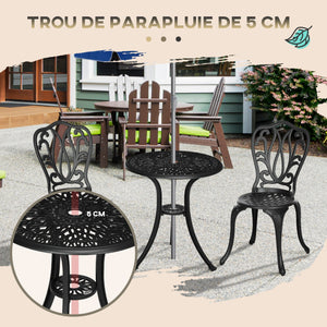 Salon de jardin exterieur, ensemble table ronde et chaises structure en aluminium, table de bistrot avec trou pour parasol mobilier de jardin cours terrasses balcons bords de piscine, noir