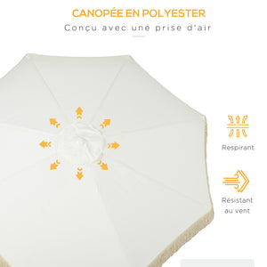 Parasol de jardin parasol extérieur inclinable à franges avec manivelle 8 baleines dim. Ø 2,65 x 2,45 H m Blanc