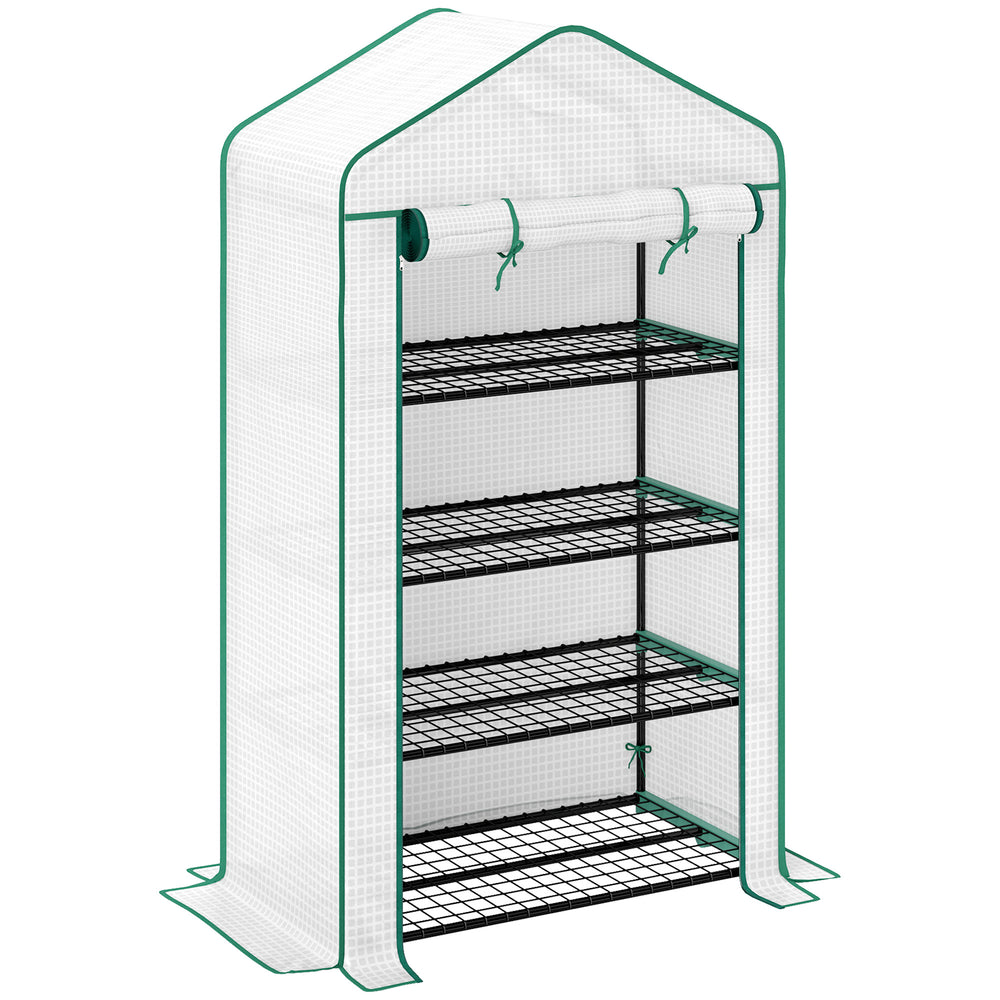 Serre de jardin PE avec étagères 4 niveaux, serre de balcon, bâche renforcée 135 g/m², châssis en acier, porte zippée enroulable, pour légumes plantes fleurs, 90 x 49 x 160 cm, blanc