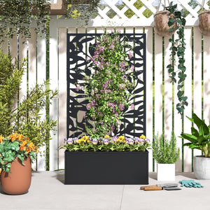 Jardinière avec treillis, brise-vue paravent, jardinière extérieure métal sur pieds ou murale, motifs de feuilles pleines, bac à fleurs rectangulaire balcon terrasse patio, 61x23x113 cm, noir