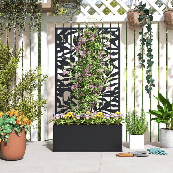 Jardinière avec treillis, brise-vue paravent, jardinière extérieure métal sur pieds ou murale, motifs de feuilles pleines, bac à fleurs rectangulaire balcon terrasse patio, 61x23x113 cm, noir